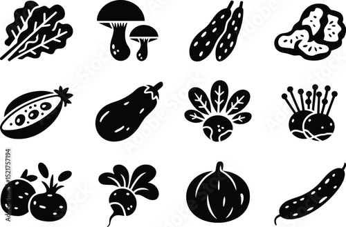Minimalist Black and White Vector Illustration of Diverse Vegetables, Herbs, and Fungi.