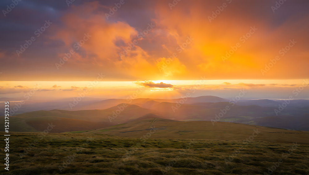Obraz premium Dramatic mountain landscape at sunrise or sunset, featuring a panoramic view of misty hills and cloud-kissed peaks under a vibrant sky