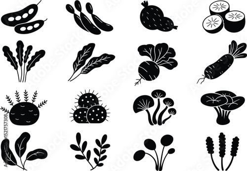 Minimalist Black and White Vector Illustration of Vegetables and Plants Silhouettes.