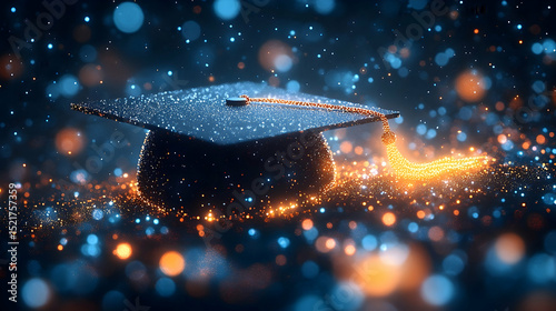 Sparkling graduation cap with a golden tassel surrounded by shimmering blue and orange particles on a dark background