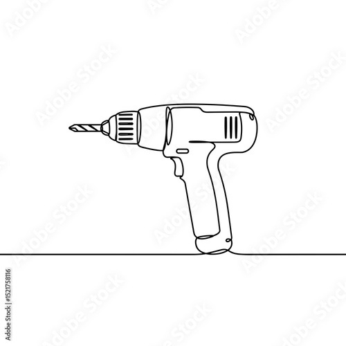 Electric drill with a drill bit in minimalist black line art  