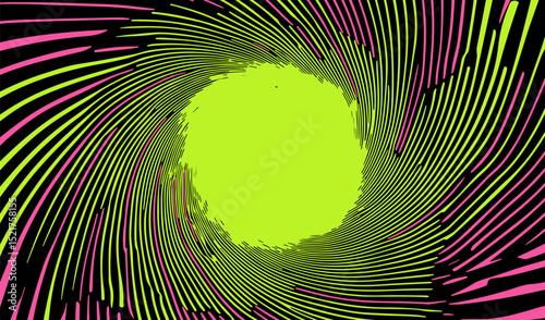 Vivid vector illustration in a modern op art style, with a neon central circle and swirling pink and green lines on black. Uses trendy colors and dynamic geometric shapes for bold visual impact.