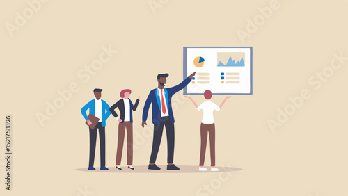 A presentation is being given by a man in a suit to a diverse group of people with charts and graphs