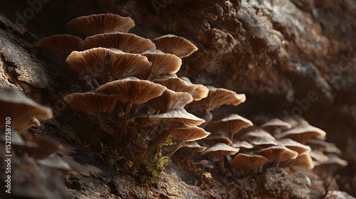 A cluster of small brown mushrooms growing on a decaying tree trunk in a forest environment scene outdoors
