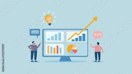 Two people analyzing data charts on a computer screen with an idea lightbulb above the screen