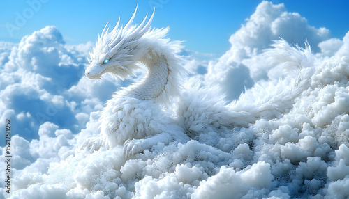 Fluffy white dragon rests among soft clouds under a bright blue sky