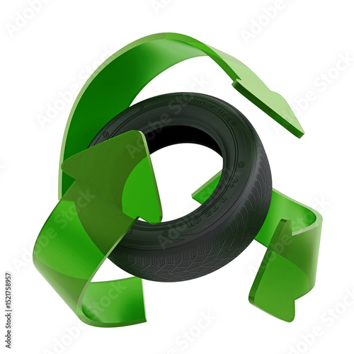 Recycle symbol around tyre on transparent background. 3D illustration