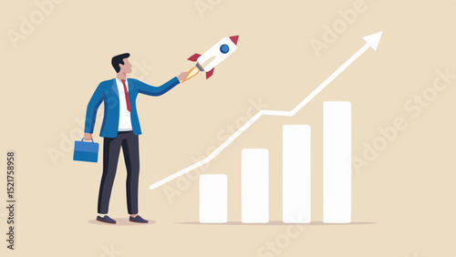 Businessman launches a rocket for business growth shown with an upward trending graph chart line