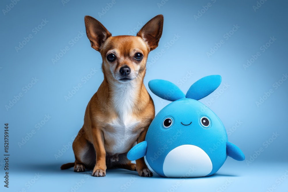 Obraz premium Charming chihuahua poses with a delightful blue toy against a serene backdrop