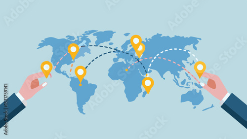 Hands placing location pins on a world map with connecting dashed lines indicating global connections