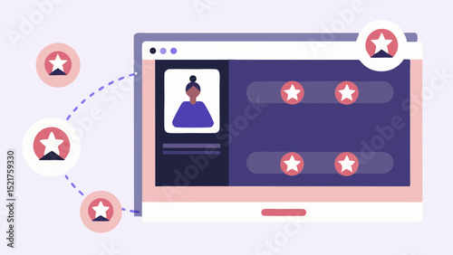 Illustration of a profile page with rating stars connected to floating star icons around it