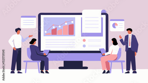 People analyzing data and charts on a large computer screen in a business meeting setting depicted