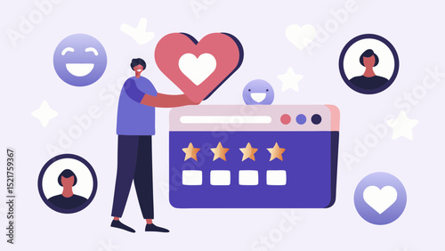 Man holding a heart above a website with star ratings and emoji avatars on a light background