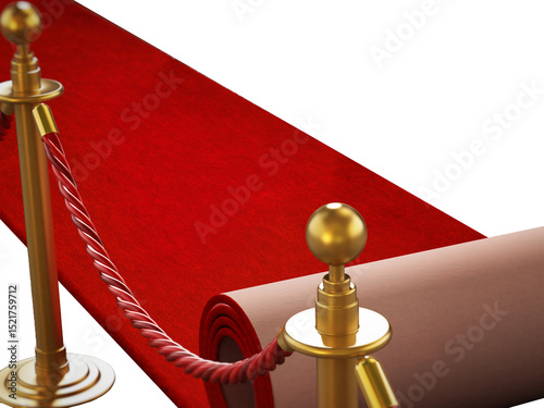 Red carpet and velvet ropes on transparent background. 3D illustration