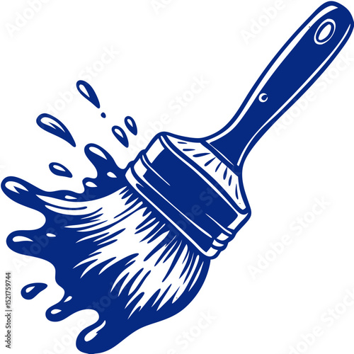 Paintbrush making a stroke with vibrant paint splatters and dynamic motion in blue tones