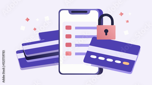Illustration of a mobile phone with a padlock and credit cards for secure transactions online