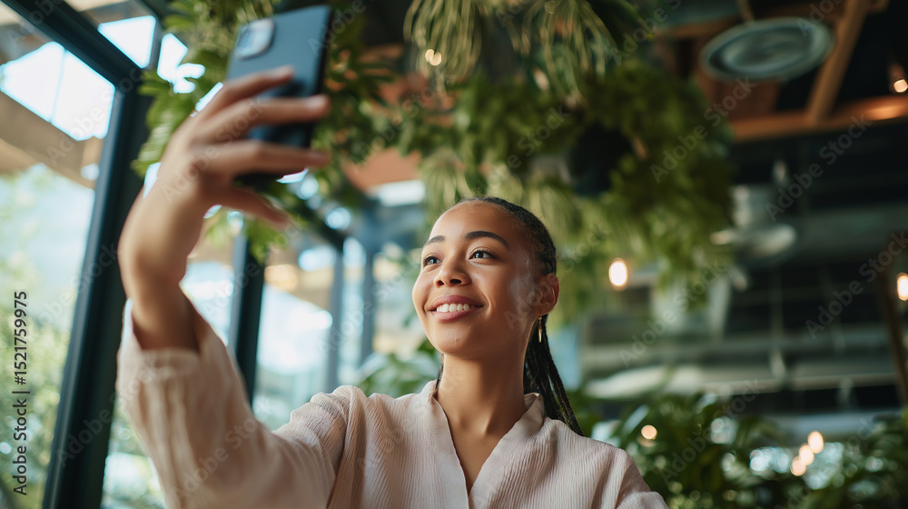 custom made wallpaper toronto digitalSmiling woman taking a selfie with smartphone in a modern indoor garden café.

