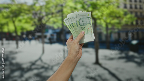 Man holding singapore dollars on a sunny city street with trees in the background