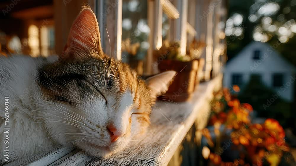 Calico Cat Napping Peacefully on a Wooden Porch Rail in Golden Sunlight ...