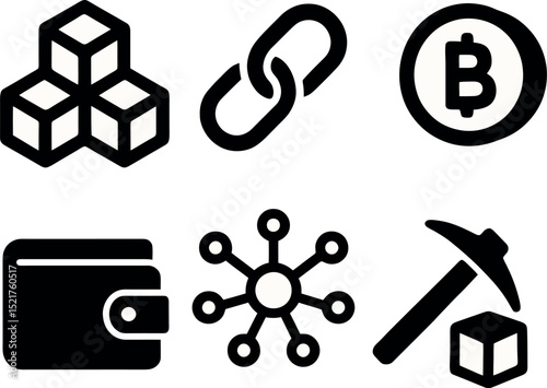 cryptocurrency icon pack. bitcoin, blockchain, mining, wallet, link and nodes in solid vector style for fintech and digital economy.