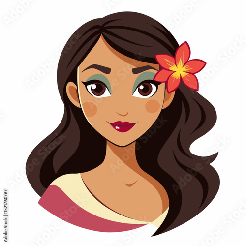 Brunette woman with a flower in her hair, an illustration of beauty and glamour, her face a captivating work of art with stylish eyes and lips