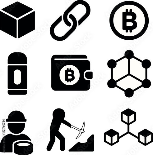 bitcoin and blockchain icons. solid symbols for miner, wallet, crypto, cube, connection, token, link and decentralized network.