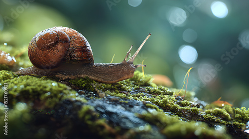 A snail crawling on a mossy surface with a blurred green background in a macro photography shot