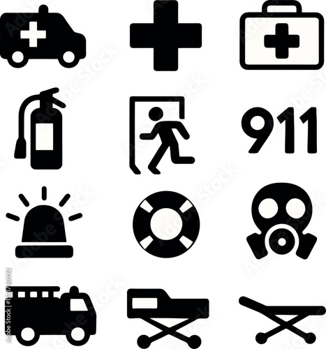 emergency and first aid icons. ambulance, cross, fire extinguisher, gas mask, 911, alarm, stretcher and safety symbols in solid black style.