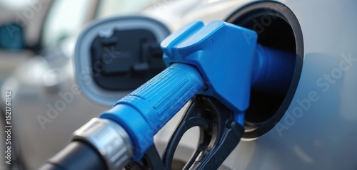Close-up of blue AdBlue diesel exhaust fluid filler neck. Automotive equipment for reducing emissions. Selective catalytic reduction technology. Refueling diesel vehicle. Fuel nozzle.