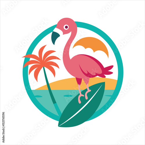 Flamingo Holding Surfboard Vector Logo Design on White