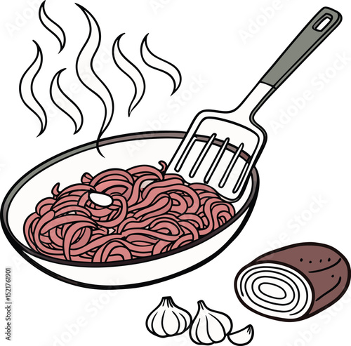 Illustration of Cooking Ground Meat with Garlic and Onion in Pan