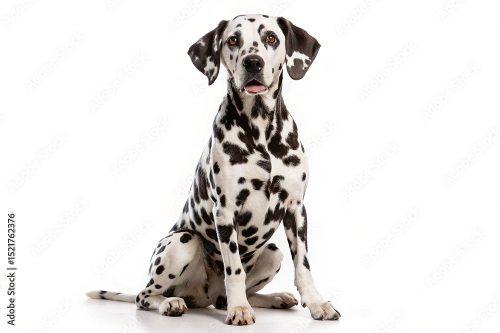 Cute purebred Great Dane puppy and adult Dalmatian dog isolated on white background Cute purebred Great Dane puppy and adult Dalmatian dog isolated on white background