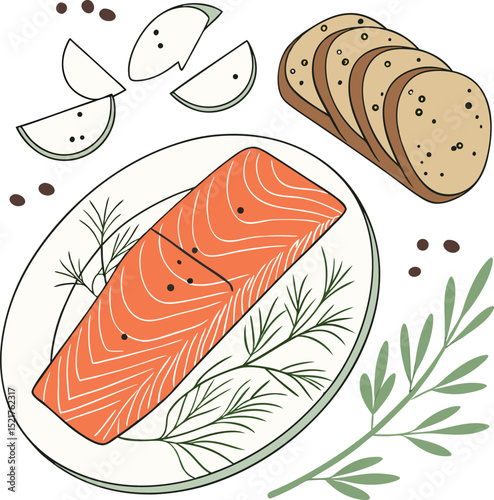 Hand Drawn Salmon Fillet with Herbs, Bread, and Onions on Plate – Vector Illustration