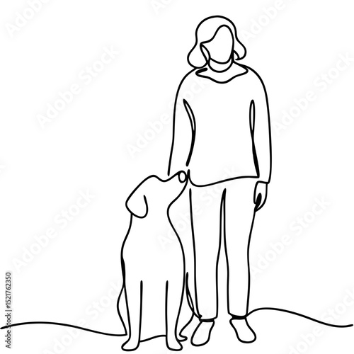 Person with pet dog continuous line drawing. Simple minimalist illustration of woman and golden retriever.  One line art design perfect for pet adoption campaign or animal shelter brochure.