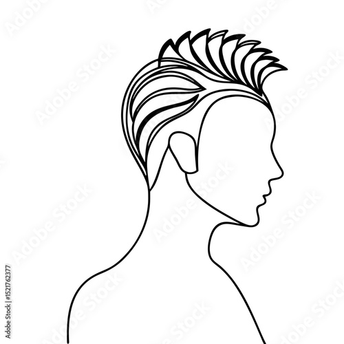 Stylish hairstyle design for fashion magazine. Person with unique hairstyle, profile view. Modern hair design illustration for beauty salon brochure or website.