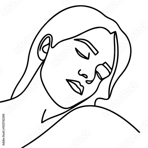Serene woman portrait line art. Soft features and delicate lines define this elegant female face. Simple one line drawing for beauty blog, spa advertising, or social media.