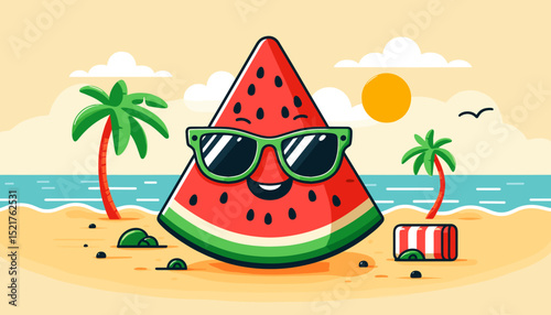 Watermelon character wearing sunglasses on beach with palm trees  