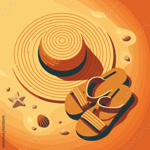 Summer beach hat and sandals on sandy shore with seashells  