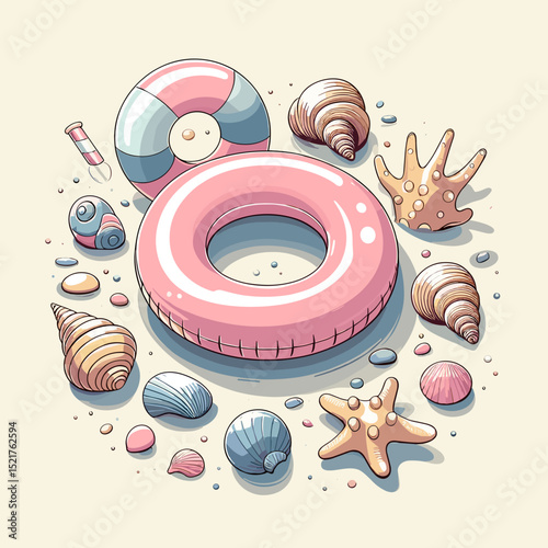 Colorful pool float and seashells arranged in a beach-themed layout  