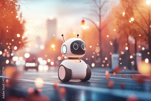 A cute robot rolls along an autumn city street with blurred lights and trees in the background.