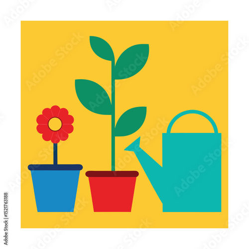 Watering Can with Flower Pots Vector Illustration