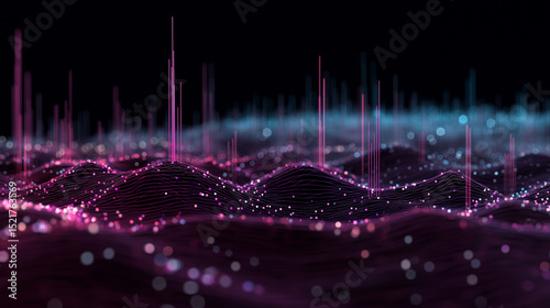 Glowing 3D abstract landscape of pink and blue particles forming digital waves and peaks on a dark background.
