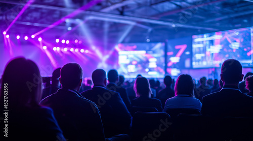 Audience at a technology conference watching a stage presentation under vibrant purple lighting.
 photo