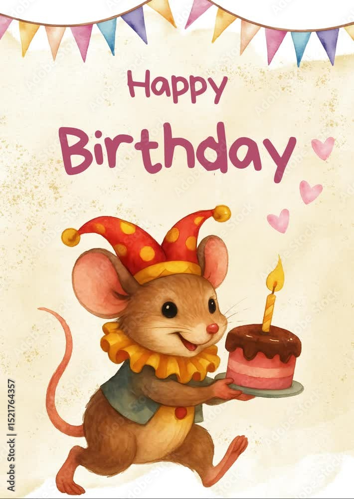Template congratulations with a mouse dressed in a jester costume ...