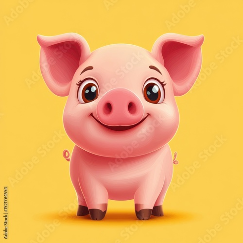 Cute cartoon pig with big eyes and a wide smile on a bright yellow background, perfect for children's themes and designs