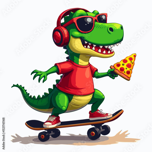 Vector drawing for children t-shirt. 
Cute teenager green dinosaur boy with headphones,
glasses, piece of pizza on skateboard 
on white background. Design for fabric, 
kids clothing.