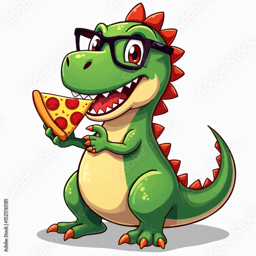 Vector drawing for children t-shirt. 
Green cute baby dinosaur with glasses
with triangular piece of pizza on white background. 
Design for textile, paper, fabric, 
clothing for kids.