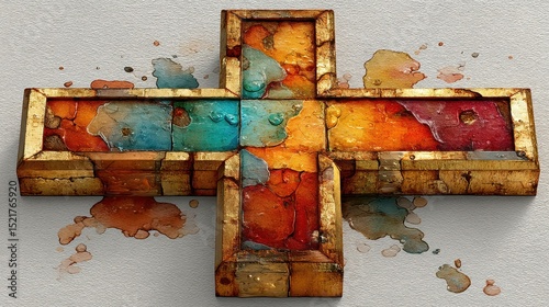 Colorful cross art with a weathered texture and vibrant paint splashes on a wall canvas