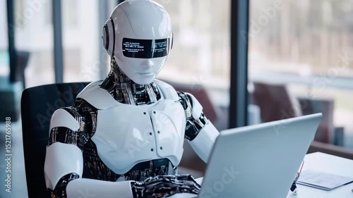 Futuristic Robot Working on Laptop in Modern Office