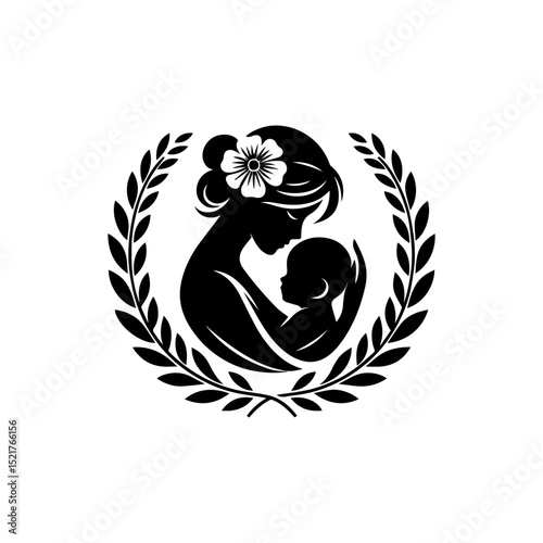 Symbolic minimalist vector logo of a nurturing mother cradling infant within an elegant laurel wreath adorned with single bloom